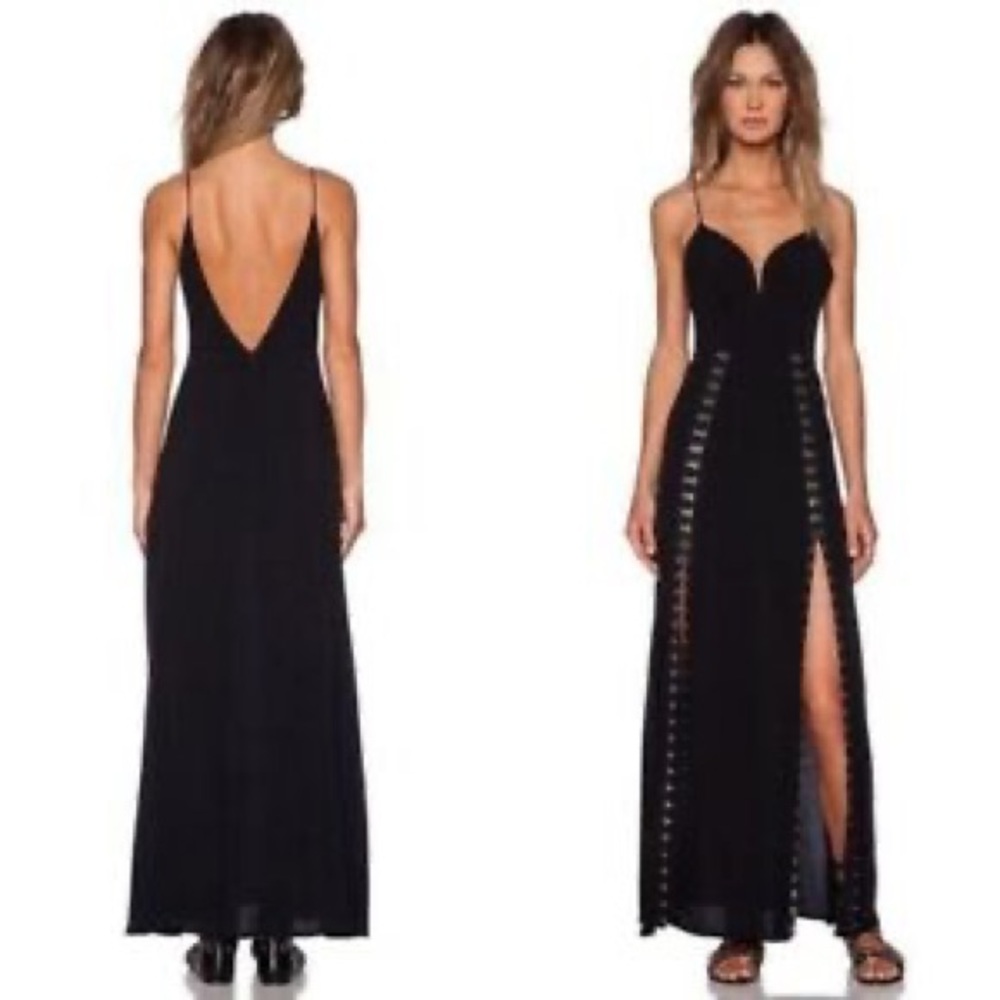 NBD Hook and Eye Black Maxi Dress Low Back Plunging Neckline High Slit Size M